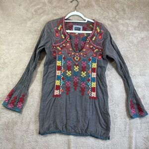 BIYA Embroidered Tunic Top Gray Cotton Lagenlook Artsy Art To Wear READ